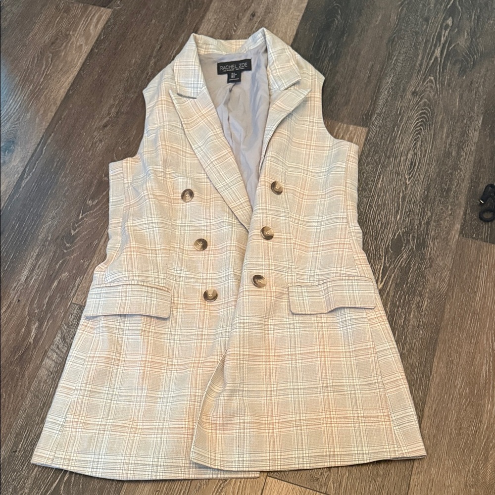Rachel Zoe Beige Plaid Vest with Gold Buttons
